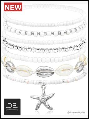 Bohemian Stackable Heishi Surfer Bracelet Set Elastic Shell Starfish Beach